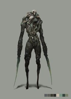 an image of a creepy creature with long legs and claws on his head, standing in front of a gray background