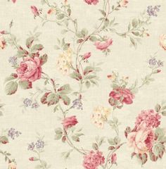 a floral wallpaper with pink flowers and green leaves