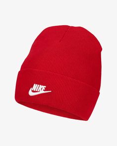 Nike Sportswear Utility Cuffed Beanie Adult Unisex DJ6224-657 RED. Shipped with USPS First Class. MFN# DJ6224-657 COLOR: UNIVERSITY RED/ WHITE SIZE: ONE SIZE STAY WARM, FEEL GOOD. The Nike Sportswear Beanie works hard to keep you warm and reduce waste. It features a raised Futura graphic for a clean look ready for everyday wear. This product is made with at least 75% recycled polyester and recycled cotton fibers. Yarn Made From a Recycled Blend The stretchy blend is made from recycled polyester Sports Beanie For Winter, Casual Sports Hat For Winter, Casual Winter Sports Hat, Solid Winter Sports Hats, Casual Beanie For Winter Sports, Nike Casual Winter Hats, Casual Nike Winter Hat, Casual Nike Breathable Hat, Casual Beanie Hats For Sports