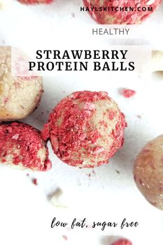 healthy strawberry protein balls with text overlay