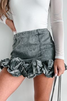 Call The Paparazzi Ruffled Denim Mini Skirt (Washed Black) - NanaMacs High Waist Stretch Mini Skirt With Frayed Hem, Fitted Mini Skirt With Frayed Hem For Spring, Chic Stretch Denim Skirt For Spring, Spring Cotton Mini Skirt With Ruffle Hem, Flirty Mini Skirt With Ruffles, Flirty Fitted Pleated Bottoms, Trendy Fitted Tiered Skirt, Chic High Waist Mini Skirt With Frayed Hem, Chic Dark Wash Mini Length Bottoms