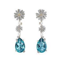 Aqua Daisy Drop Earrings | Over The Moon Luxury Formal Earrings With Gemstone Accents, Luxury Blue Drop Earrings, Luxury Drop Earrings With 17 Jewels, Luxury Blue Topaz Blue Earrings, Fine Jewelry Gemstone Accented Earrings For Evening, Luxury Drop Earrings With Gemstone Accents, Blue Topaz Fine Jewelry Earrings For Formal Occasions, Fine Jewelry Earrings With Gemstone Accents For Evening, Fine Jewelry Evening Earrings With Gemstone Accents