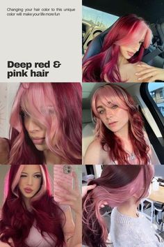 Pink Highlights In Pink Hair, Red Skin Hair Color, Red Hair Color With Pink Highlights, Red Hair With Pink Undertones, Pink Red Hair Dye, Unique Ways To Dye Hair, Pink Hair With Pink Highlights, Dark Red Hair Pink Highlights, Deep Red And Pink Hair