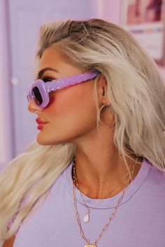 - Dazzle on the dancefloor in these beautiful sunnies! - Opaque, purple hued frames - Ear pieces with a twist design - Dark tinted rectangular lenses Funky Sunglasses With Tinted Lenses For Parties, Funky Tinted Sunglasses For Party, Fun Purple Sunglasses For Summer, Fun Purple Summer Sunglasses, Fun Purple Sunglasses For Beach, Fun Purple Sunglasses For The Beach, Purple Tinted Fun Sunglasses, Fun Purple Tinted Sunglasses, Purple Party Sunglasses