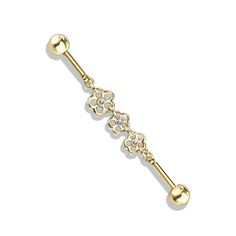 Triple Crystal Center Flower Chain 316L Surgical Steel Industrial Barbell Bar size: 14G (1.6 mm) Bar Length: 1.5" (38 mm) Material: 316L Surgical Steel/ Brass Plating: PVD Sold by:1 Piece Chain Industrial, Industrial Bar Piercing, Helix Jewelry, Flower Chain, Silver Nose Ring, Industrial Barbell, Steel Flowers, Stud Set, Rose Gold Plates