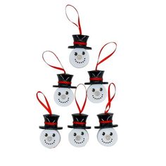 snowman ornament with red ribbon and top hat on white background, set of 6