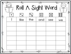 roll a sight word game with dices and numbers on the front, in black and white