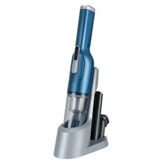 a blue and silver vacuum on a white background