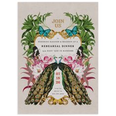 the peacock dinner party poster is displayed on a white background with pink flowers and green leaves