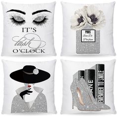 four pillows with different styles of shoes and accessories on them, each featuring a woman's face