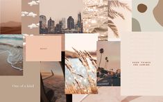 a collage of photos with palm trees and buildings in the background, including an ocean