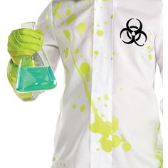 a man wearing a white shirt and green gloves holding a flask