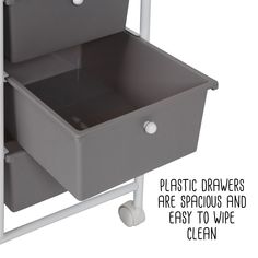 a gray plastic drawer on wheels with the words plastic drawers fire spouts and easy to wipe clean