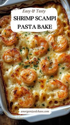 shrimp scampi pasta bake in a casserole dish with text overlay