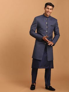 vastramay mens navy blue texture pattern sherwani with blue solid kurta and pant set Tailored Festive Sherwani For Eid, Traditional Tailored Kurta For Eid, Traditional Tailored Bandhgala For Eid, Traditional Tailored Sherwani For Semi-formal Occasions, Festive Tailored Kurta For Semi-formal Occasions, Traditional Tailored Semi-formal Sherwani, Festive Semi-formal Tailored Kurta, Semi-formal Traditional Blue Wear, Semi-formal Blue Traditional Wear