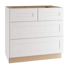 an image of a white cabinet with wood trimmings on the doors and drawers