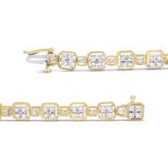 Showcasing a glamorous look to illuminate your every style choice, this stylish link bracelet features an array of shimmering diamonds in a square silhouette for a modern edge. This sophisticated design showcases square-shaped links of alternating sizes, each outlined with intricate milgrain borders. The larger boxed squares feature four, prong-set round diamonds, while the smaller squares each feature just one diamond. This geometric motif is certain to elevate your style and mood with its spar Rectangular Diamond Tennis Bracelet With Accents, Elegant Diamond Tennis Bracelet With Rectangular Shape, Luxury Rectangular Brilliant Cut Diamond Bracelet, Luxury Rectangular Diamond Cut Bracelet, Rectangular Diamond Cut Tennis Bracelet, Luxury Rectangular Diamond Cut Tennis Bracelet, Rectangular Diamond Bracelet With Diamond Accents, Luxury Rectangular Diamond Bracelet For Anniversary, Rectangular Diamond Bracelet With Jubilee Design