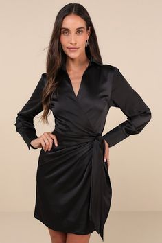 You'll be ready for the art gallery when you slip into a stunning look like the Lulus Painterly Perfection Black Satin Wrap Mini Dress! Sleek woven satin shapes this stunning dress that has long sleeves with button cuffs and a collared neckline. Wrap-style bodice secures at the waist with an internal tie and an external sash tie, atop a flaring skirt with a mini hem. Fit: This garment fits true to size. Length: Mid-thigh. Size medium measures 36.25" from shoulder to hem. Bust: Great for any cup size. Waist: Fitted - very fitted at natural waist. Hip: Not Fitted - room for hips. Undergarments: May be worn with any standard bra. Fabric: Fabric has no stretch. Lined. Shell: 95% Polyester, 5% Spandex. Lining: 100% Polyester. Hand Wash Cold With Like Colors Separately. Do Not Bleach. Line Dry. Long Sleeve Satin Mini Dress For Party, Chic Long Sleeve Dress With Satin Finish, Fitted Satin Long Sleeve Dress For Formal Occasions, Long Sleeve Satin Mini Dress For Fall, Long Sleeve Satin Mini Dress For Office, Long Sleeve Satin Mini Dress For Work, Long Sleeve Satin Dress For Date Night, Formal Long Sleeve Dress With Satin Finish, Chic Long Sleeve Satin Dress For Party