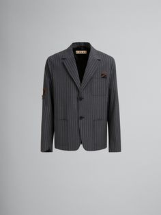 Single-breasted blazer made from a stretch virgin wool blend. Classic pinstripe pattern. Two-button closure, notch lapels and 3 patch pockets. Hand-embellished with Marni Mending patches and stitches. Regular fit. Lined. Striped Single-breasted Wool Blazer, Pinstripe Wool Single Breasted Outerwear, Pinstripe Outerwear With Welt Pockets For Fall, Pinstripe Wool Single-breasted Outerwear, Tailored Pinstripe Outerwear With Hidden Button Closure, Pinstripe Single Breasted Outerwear With Lapel Collar, Spring Pinstripe Blazer For Tailoring, Tailored Pinstripe Outerwear With Lapel Collar, Pinstripe Single-breasted Outerwear For Business Casual