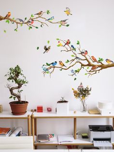 the birds are sitting on the tree branch wall decal