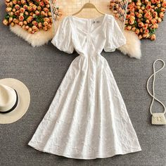 Sweet white puff sleeve dress white A line dressMaterial: blendedColor: whiteSize(cm): S, M, LS length 110 bust 88 waist 68M length 111 bust 92 waist 72L length 112 bust 96 waist 76 Puff Sleeve Dress White, White Puff Sleeve Dress, Outfits Juveniles, White Dress With Sleeves, Posh Dresses, Short A Line Dress, Beautiful Frocks, White A Line Dress, Modesty Outfits