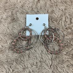 Free People Pink & Silver Beaded Loop Earrings New With Tags Trendy Nickel-free Silver Wrap Earrings, Silver Hoop Earrings With Dangling Beads, Pink Beaded Metal Earrings, Silver Hoop Earrings With Dangling Beads For Gift, Trendy Adjustable Silver Beaded Earrings, Silver Hoop Earrings With Silver Beads, Nickel-free Metal Beaded Earrings With Round Beads, Trendy Nickel-free Beaded Earrings With Round Beads, Trendy Nickel-free Beaded Earrings