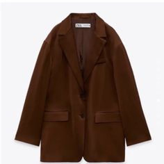 Zara Oversized Xl Blazer Milk Chocolate Color Cut Blazer, Satin Trousers, Satin Blazer, Brown Satin, Oversized Blazer, Zara Jackets, Blazer Buttons, Colored Blazer, Lapel Collar