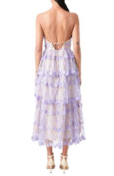 Make an enchanting impression at any occasion in this romantic lace midi dress wrapped in embroidered blooms. Sweetheart neck Adjustable tie straps Lined 100% polyester Hand wash, dry flat Imported Spring Brunch Dress With Delicate Lace, Summer Lavender Lace Dress, Lavender Lace Dress For Summer, Feminine Lavender Lace Dress, Lace Midi Dress With Floral Embroidery For Brunch, Spring Feminine Midi Dress With Delicate Lace, Feminine Spring Midi Dress With Delicate Lace, Spring Lace Dress With Scalloped Lace And Spaghetti Straps, Spring Dress With Scalloped Lace And Spaghetti Straps