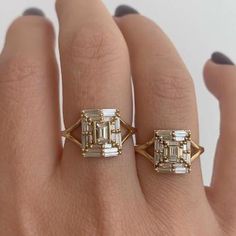 The baguette temple ring is an exquisite array of needle baguette diamonds that form geometrically around a center baguette. Baguette Engagement Ring With Band, Artsy Rings, Temple Rings, Baguette Engagement Ring, Ring Baguette, Cute Engagement Rings, Future Engagement Rings, Baguette Diamond Rings, Fantasy Wedding