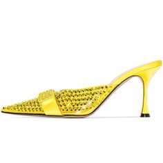 Step into style with these stunning Yellow Rhinestone Kitten Heels. The transparent mules feature a pointed-toe design, adding a touch of elegance and glamour to any outfit. Color: Yellow Heel Type: Kitten heel Heel height: 2.56" / 65 mm approx Product measurements were taken using size 8. Please note that measurements may vary by size. Toe: Pointed toe Rhinestone embellishment Handcrafted US sizing. Fits true to size. Yellow Heels With Rhinestones For Summer, Yellow Rhinestone Heels For Spring, Glamorous Yellow Party Heels, Yellow Heels For Summer Cocktail Parties, Yellow Summer Cocktail Heels, Yellow Cocktail Heels For Summer, Yellow Rhinestone Party Heels, Party Yellow Heels With Rhinestones, Yellow Rhinestone Heels For Party