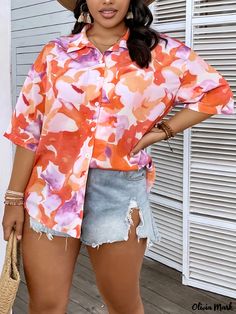 Olivia Mark - Stylish Plus Size Vacation Blouse: Womens Tie Dye Floral Print Short Sleeve Lapel Collar Button Up Shirt Plus Size Vacation, Tie And Dye, Womens Tie, Lapel Collar, Olivia Mark, Button Up Shirt, Collar Styles, Button Up Shirts, Blouses For Women