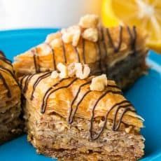 a blue plate topped with pastries covered in chocolate