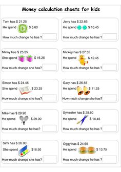 money calculations worksheet for kids to help students learn how to make money and use it