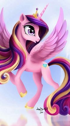 a pink and purple pony with wings flying through the air