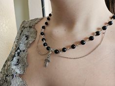 Handmade Beaded Rosary Style Necklace  / Cross Charm / Gothic / Silver Vintage Black Beads Choker Gift, Vintage Black Beads Choker As Gift, Vintage Black Beads Choker For Gift, Grunge Cross, Rosary Style Necklace, Beaded Rosary, Chesapeake Va, Necklace Cross, Rosary Necklace