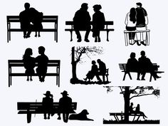 silhouettes of people sitting on benches in the park, one man and two women