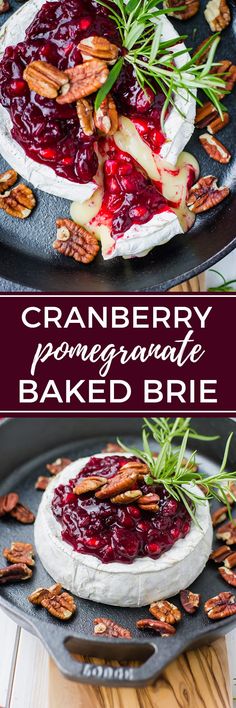 cranberry pomegranate baked brie with pecans in the background