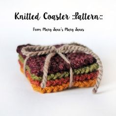 a stack of multicolored knitted coasters with the words knitted coaster patterns