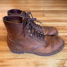 The Six-Inch Boot’s Signature Feature Is A Leather Toe Cap That Is As Distinctive As It Is Durable. Each Pair Develops A Personalized Fit And Custom Comfort Over Time Thanks To Leather Insoles And A Cork Midsole That Form To Feet. The Boots Are Built With A Goodyear Welt And Puritan Triple-Stitch Construction, And Brass Speed Hooks Provide Precision Lacing And A Visual Hit Of Hardware. The Iron Ranger Is Anchored With A Vibram 430 Mini-Lug Outsole. Features A Bump Toe That Allows Toes To Move More Naturally. Fits A Wide Variety Of Foot Shapes. Excellent Condition, Minimal Wear On Sole At Heel. Iron Ranger, Wing Shoes, Red Wing Shoes, Red Wing, S Signature, Goodyear Welt, Red Wings, Men's Shoes, Shoe Boots