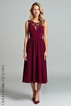 Olivia Mark - Elegant Burgundy Midi Dress with Lace Neckline and Sleeveless Design Cocktail Midi Dress With Lace Bodice And Sleeveless Design, Cocktail Sleeveless Midi Dress With Lace Bodice, Cocktail Midi Dress With Lace Bodice, Sleeveless Midi Dress With Lace Bodice For Cocktail, Sleeveless Dress With Illusion Neckline And Fitted Bodice, Cocktail Sleeveless Dress With Lined Bodice, Burgundy Sleeveless Stretch Dress, Burgundy Stretch Sleeveless Dress, Sleeveless Midi Dress With Lace Bodice