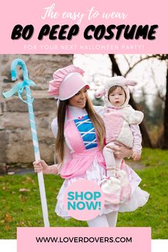 a woman holding a baby in her arms and wearing a costume with text overlay that reads, the easy to wear bo pee costume for your next halloween party