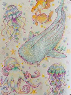 an image of children's drawing with animals and jellyfishs on it in pastel colors