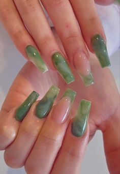 Green Nails Ideas Simple, Jade Nails, Green Acrylic Nails, Hands Art, Green Nail, Classy Acrylic Nails, Nail Swag, Orange Nails