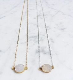 Mrs. Parker Necklace in White Druzy / 14K GOLD FILLED CHAIN / Traditional Lobster Claw clasp | A Blonde and Her Bag The Mrs Parker in Druzy, 16" in length, your choice of 14k gold filled or sterling silver chain, with a faceted, 14k gold bezel set semi- precious stone | 1-800-Flowers Birthday Delivery Mrs. Parker Necklace In White Druzy - Gold White Gemstone Necklace For Party, White Gemstone Party Necklace, Party Jewelry With Birthstone, Yellow Gold Birthstone Jewelry For Party, Delicate Chain Round Jewelry For Parties, Delicate Round Chain Jewelry For Parties, White Round Necklace With Adjustable Chain, Round Delicate Chain Jewelry For Party, Gold Necklace With Gemstone For Parties