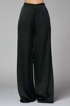 Black Satin Wide Leg Trousers - Premium variable from Tooksie - Just $101.99! Shop now at Tooksie Yoga Chic, Black Wardrobe, Black Wide Leg Trousers, Shirts For Leggings, Cool Sunglasses, Draped Fabric, Top Collection, Shirt Skirt, Wide Leg Trousers