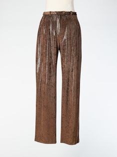 Vintage APARA Brown Snakeskin Textured Womens Pants With Shine. Drapes beautifully. Loops for a belt. Soft and easy to wear.  Looks the bomb with a black blazer, T or sweater. Luxury Brown Straight Pants, Luxury Party Bottoms With Belt Loops, Straight Pants With Belt Loops For Party, Luxury Brown Trousers, Straight Party Bottoms With Belt Loops, Elegant Bottoms With Belt For Night Out, Luxury Long Pants For Night Out, Chic Brown Bottoms For Evening, Party Straight Pants With Belt Loops