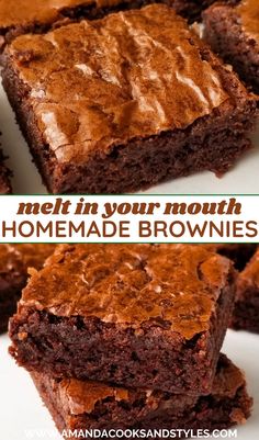 brownies with chocolate frosting on top and the words melt in your mouth homemade brownies