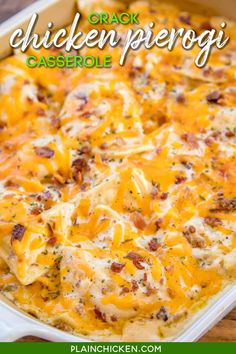 chicken and cheese casserole in a white dish