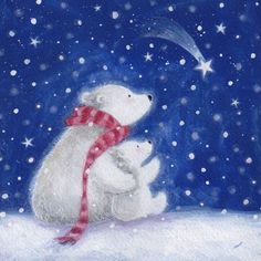 a painting of two polar bears sitting in the snow with a red scarf around their neck