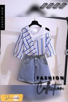 Fashion Stripe Blouse+denim Shorts P11724 Trendy Denim Blue Short Length Top, Denim Blue Summer Blouse For Day Out, Trendy Short Length Denim Blue Top, Summer Day Out Denim Blouse, Casual Short Blouse For Day Out, Casual Summer Blouse Short Length, Casual Summer Blouse, Short Length, Casual Denim Short Length Tops, Casual Short-length Denim Tops